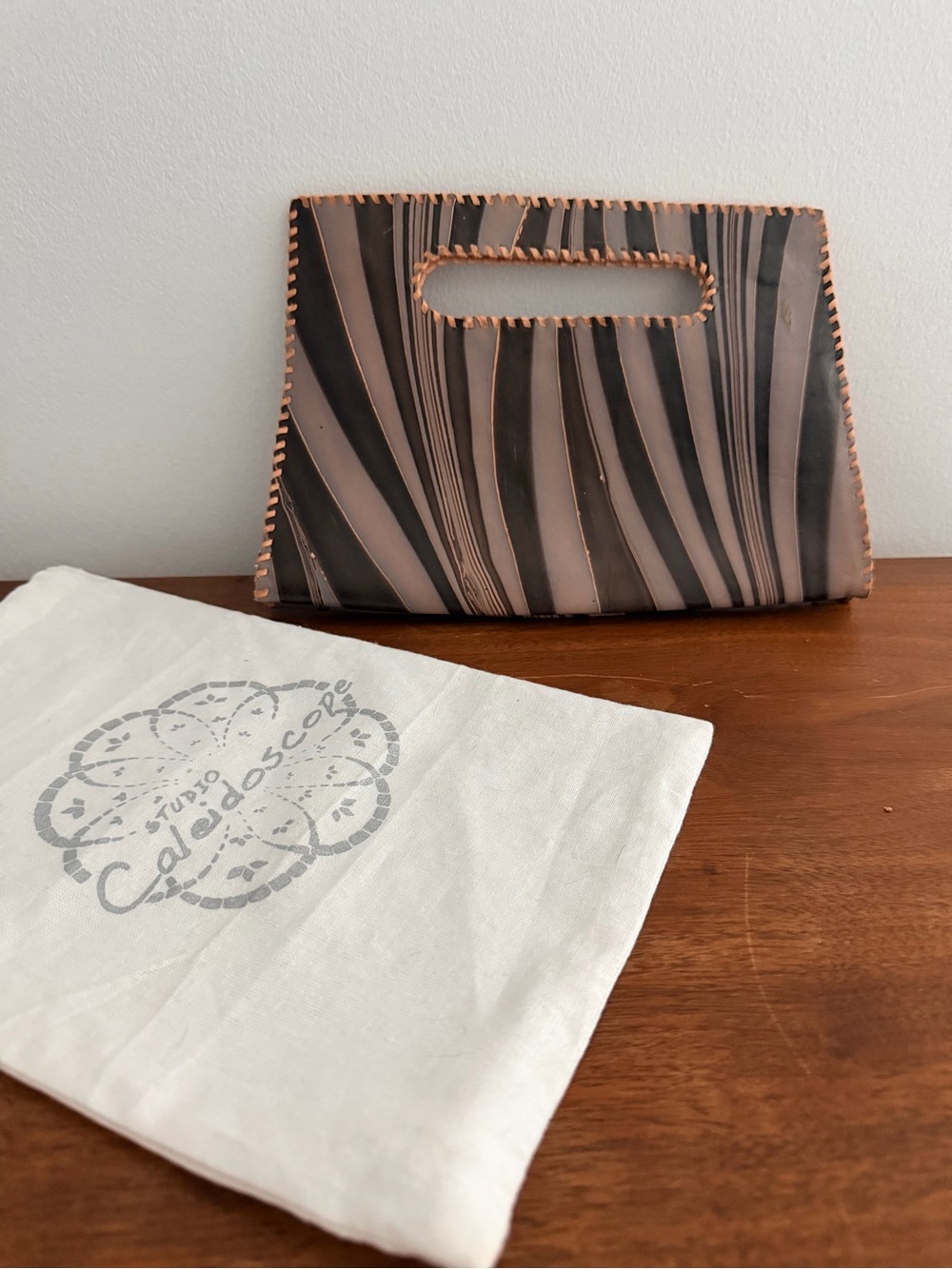 Striped Black and Taupe Mini Handheld Bag